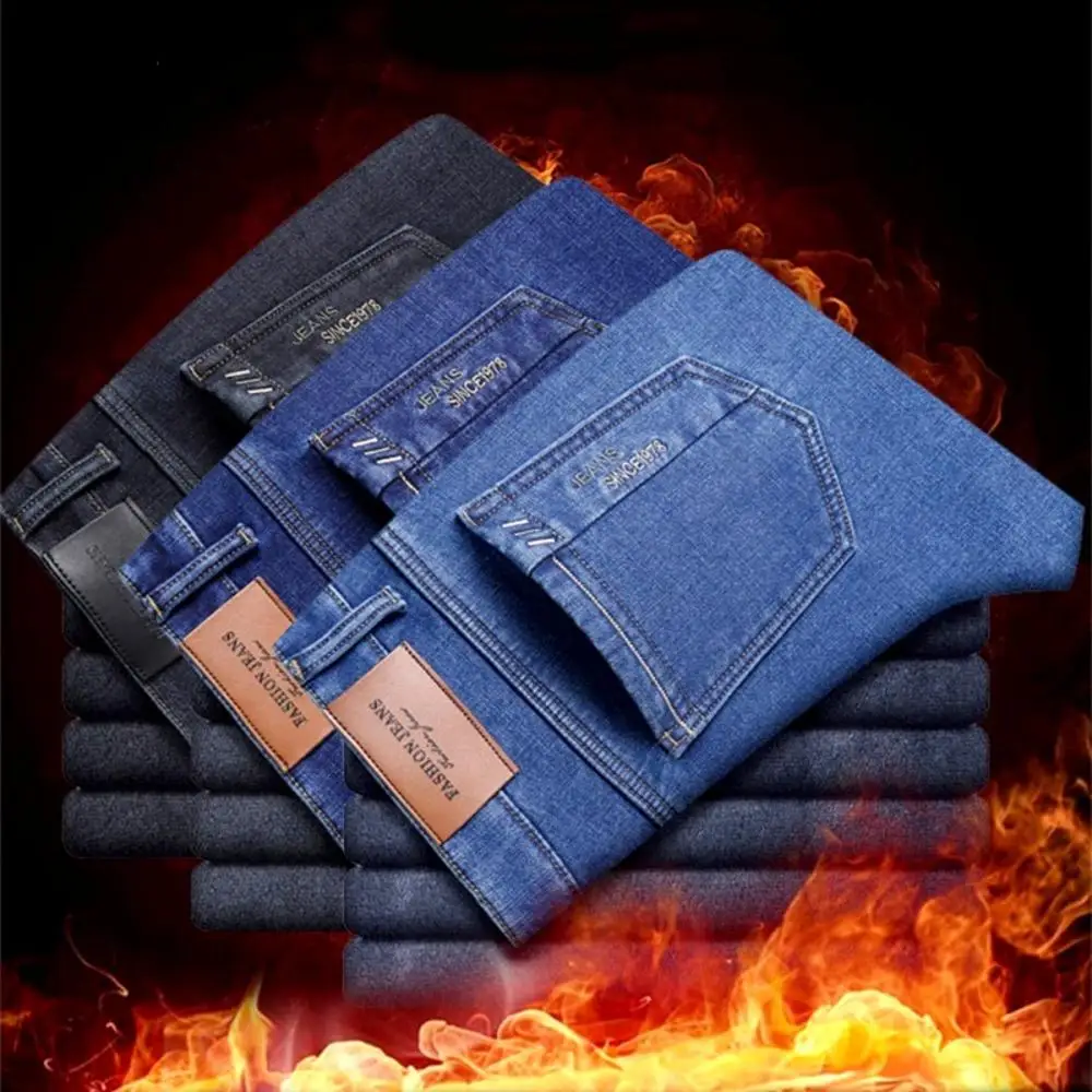 Top Trends: Men's Classic Fleece Warm Jeans Autumn Winter Thicken Velvet Slim Fit Business Fashion Casual Loose Stretch Cotton Denim Pants Shoppable Styles