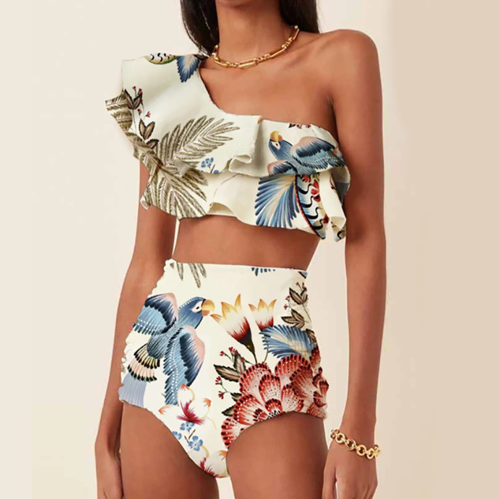 Top Trends: 2023 Fashion One Shoulder Ruffle Swimsuit Colorful Parrot Print Bikini High Waist Backless Sexy Beachwear Chic Pool Wear Women Shoppable Styles