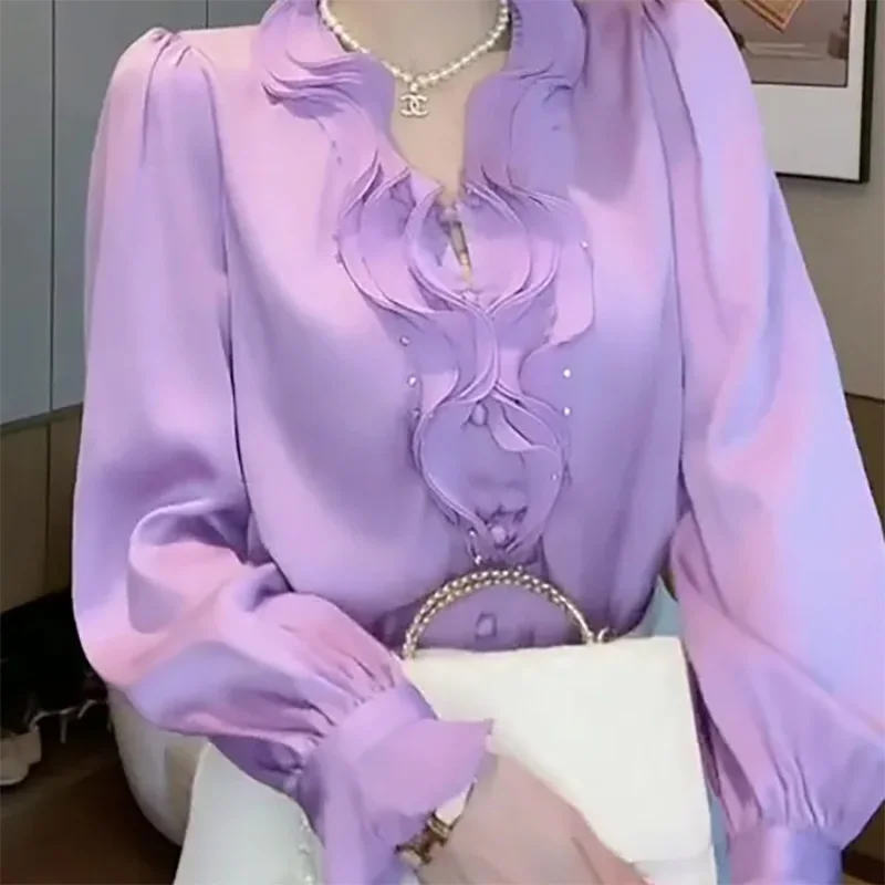 Top Trends: Elegant V-Neck Beading Spliced Ruffles Blouses Women Clothing 2023 Autumn Solid Color Elegant Tops Butterfly Sleeve Shirts Shoppable Styles