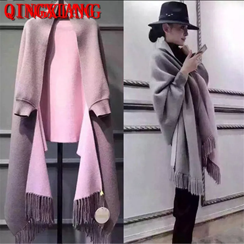 Top Trends: Women Cape 2022 Solid Black New Long Batwing Sleeves Outside Winter Plus Size Knitted Poncho Outside Streetwear Warm Tassel Coat Shoppable Styles