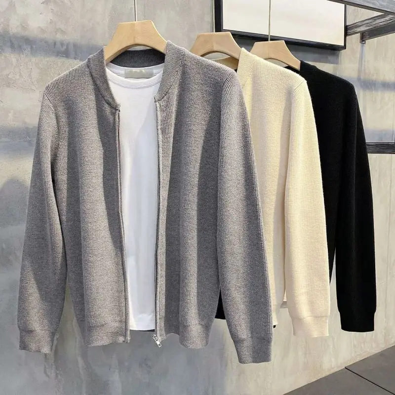 Top Trends: 2023 New Spring And Autumn Korean Edition Trend Stand Collar Solid Color Pit Stripe Slim Fitting High-end Men&#039;s Sweater Cardigan Shoppable Styles