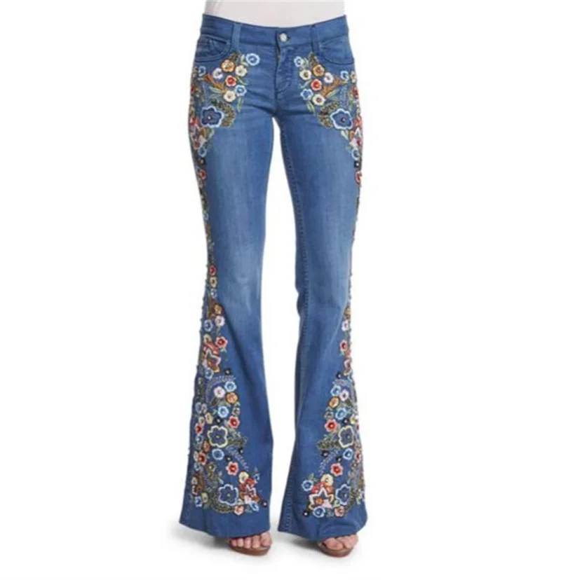 Top Trends: Elegant Embroidered Flowers Micro Flared Jeans Women's Intelligent Style Mid Waist Button Splicing Denim Pants Washable Trousers Shoppable Styles - Image 5