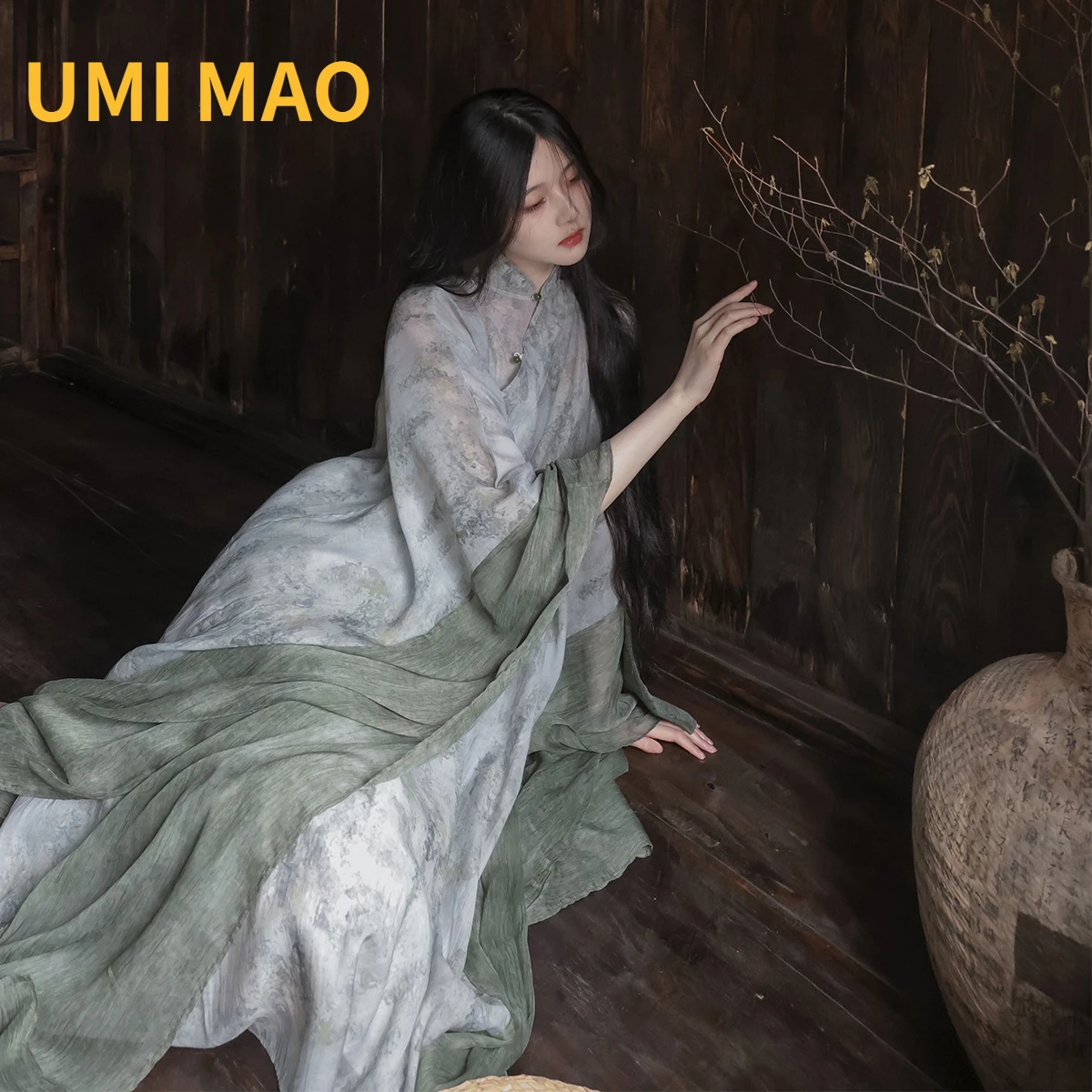 Top Trends: UMI MAO Homemade Women's Clothing Cool Chinese Style Cheongsam Sleeves Loose And Elegant Cold Green Literary Robe Dress Women Shoppable Styles