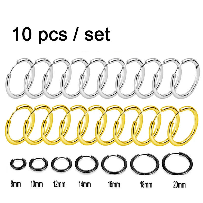 Top Trends: 10pcs Small Hoop Earrings Women Men Gold Silver Color Stainles Steel Round Earrings Circle Anti-allergy Pendientes Mujer 2022 Shoppable Styles