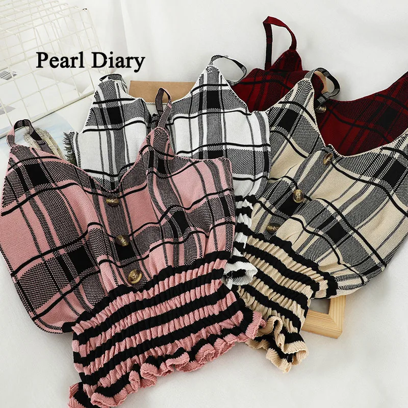 Top Trends: Pearl Diary Women Summer Knitting Camisole Plaid Spaghetti Strap Cropped Tops Buttons Front Smocked Hem Slim Fit Casual Tops Shoppable Styles