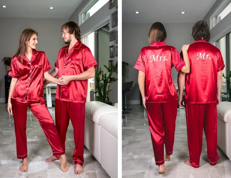 Top Trends: Custom Couple Satin Pajamas Bridal Shower Anniversary Gift Personalize Wedding Pajama Bride And Groom Short+ Long Sleepwear Sets Shoppable Styles