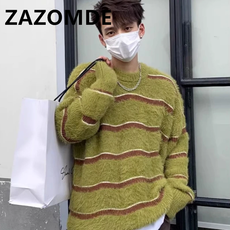 Top Trends: ZAZOMDE Autumn Winter Striped O-neck Sweater Casual Loose High Street Thickened Sweaters Pullovers Men Top Male Knitwear Clothes Shoppable Styles