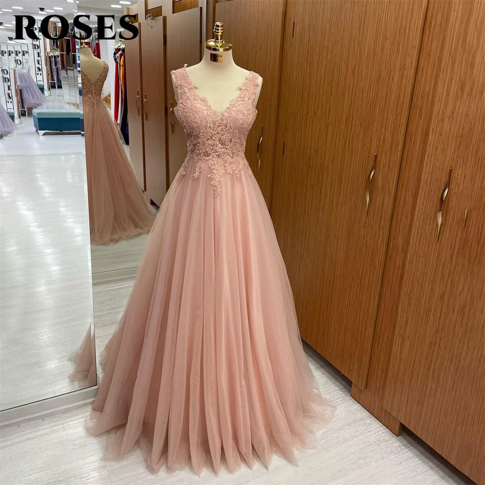 Top Trends: ROSES Tank V Neck Long Party Dresses Vintage Appliques Lace Night Dresses A Line Celebrity Dress With Beading Vestidos De Fiesta Shoppable Styles