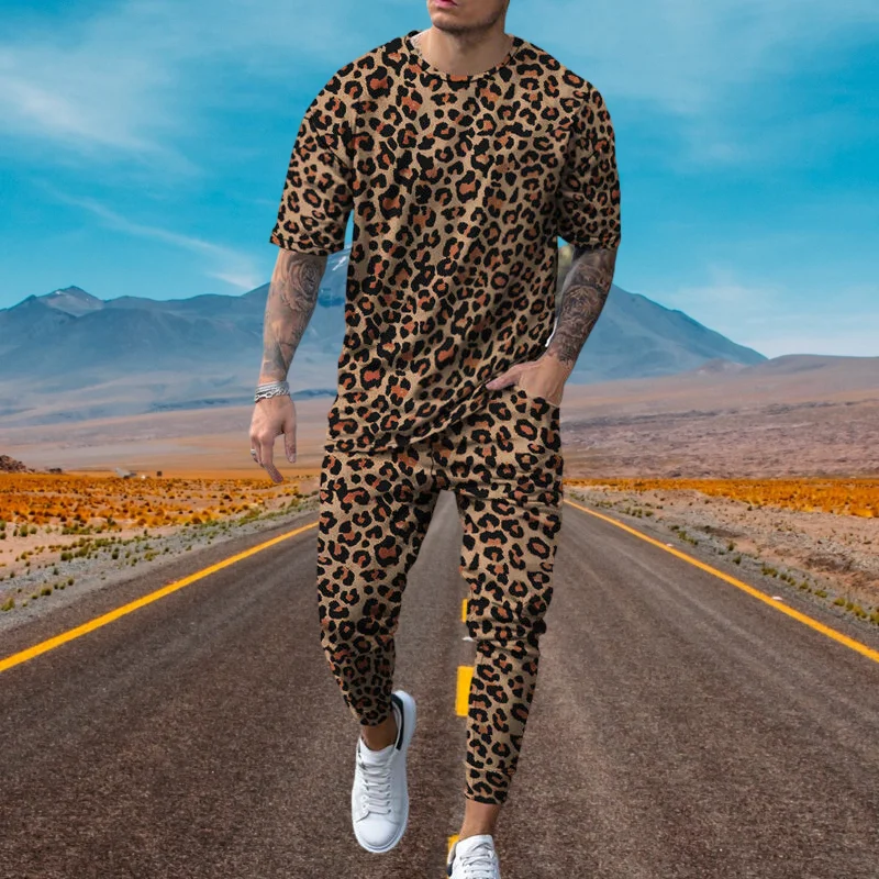 Top Trends: New Boutique Leopard Print Men’s Trousers Tracksuit 2 Piece Set Streetwear Short Sleeve T Shirt+ Long Pants Clothes Male Clothing Shoppable Styles