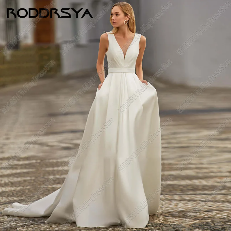 Top Trends: RODDRSYA 2023 Simple V-Neck Satin A-Line Wedding Dress Romantic Spaghetti Straps Button Back Bride Party New Insertable Pocket Shoppable Styles