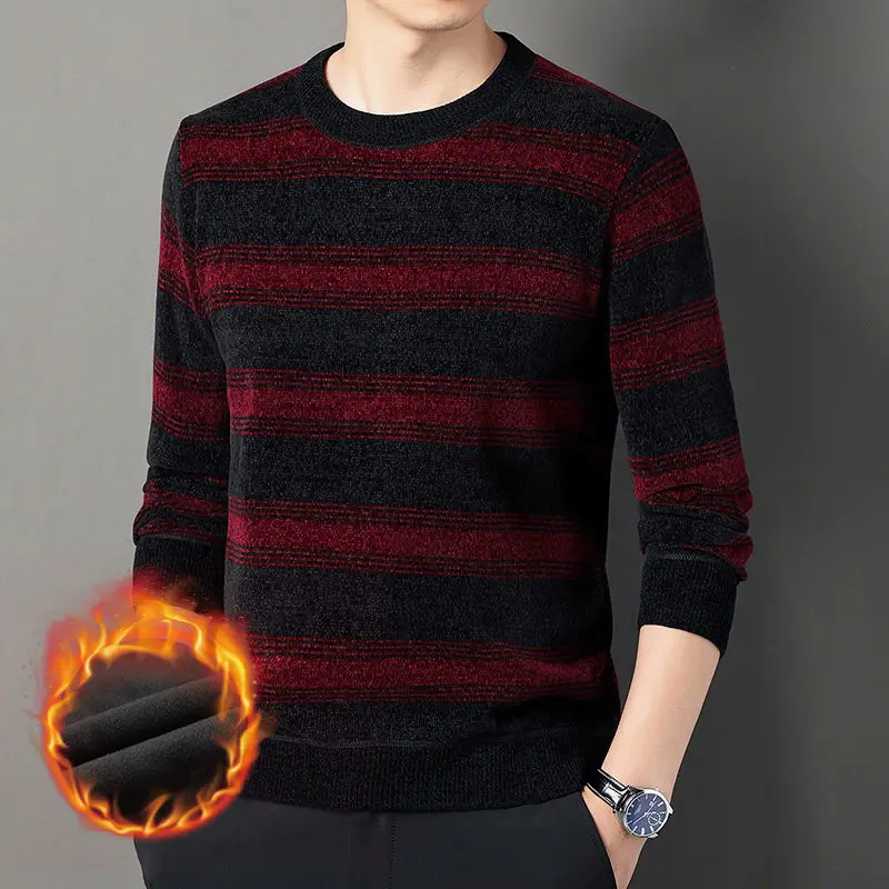 Top Trends: Fashionable Striped Plus Fleece Sweaters Autumn Winter Male Clothes Classic Comfortable Round Neck Long Sleeve Knitted Pullovers Shoppable Styles - Image 2