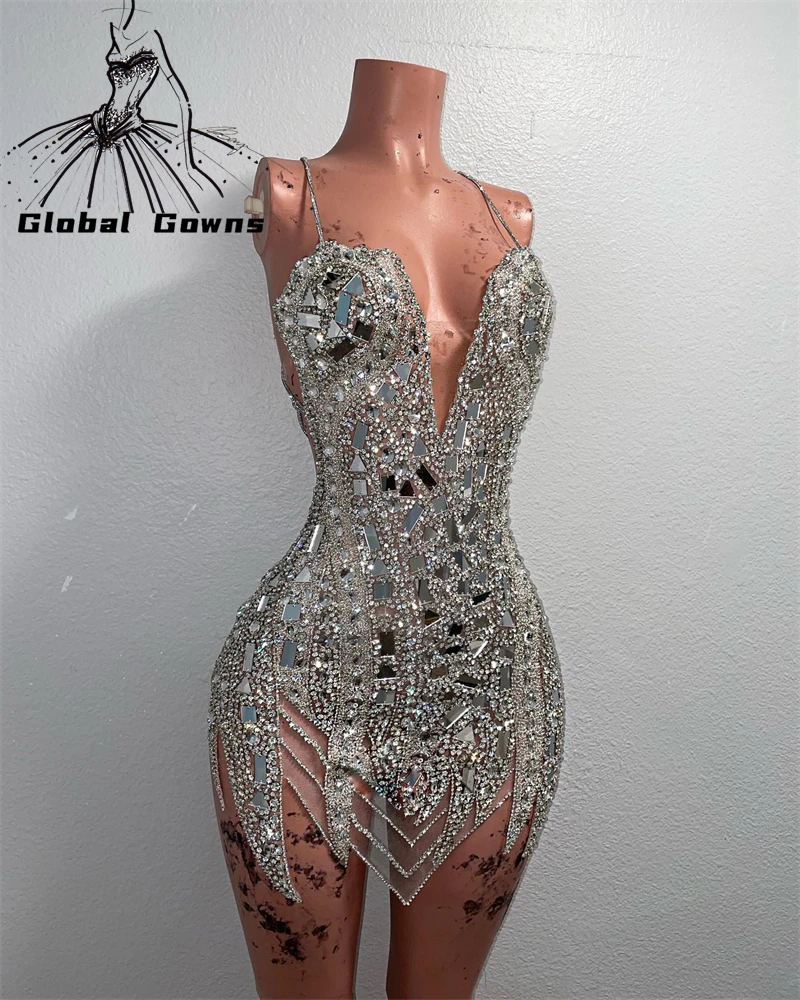 Top Trends: Luxury Sparkly Silver Diamond Short Prom Dresses Black Girls Halter Beaded Sequined Birthday Party Mini Cocktail Robe De Bal Shoppable Styles