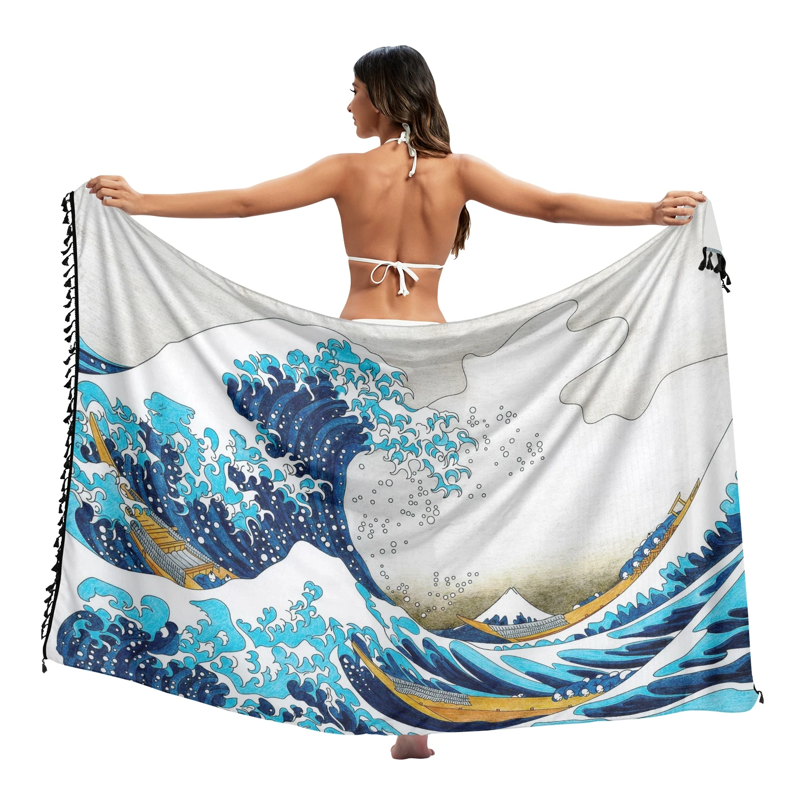 Top Trends: The Great Wave Of Kanagawa Twill Cotton Pareo Beach Cover-Ups Women Beach Dress Bathing Swimwear Cover Up Snow Sarong Scarf Shoppable Styles