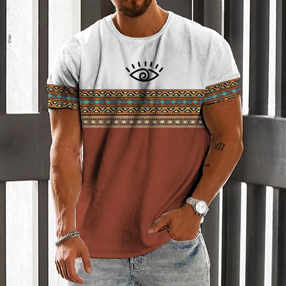 Top Trends: Retro Men's Summer T-shirt 3D Geometric Print Top Plus Size Tshirt Ethnic Style Men Clothing O-Neck Short Sleeve Street Clothing Shoppable Styles