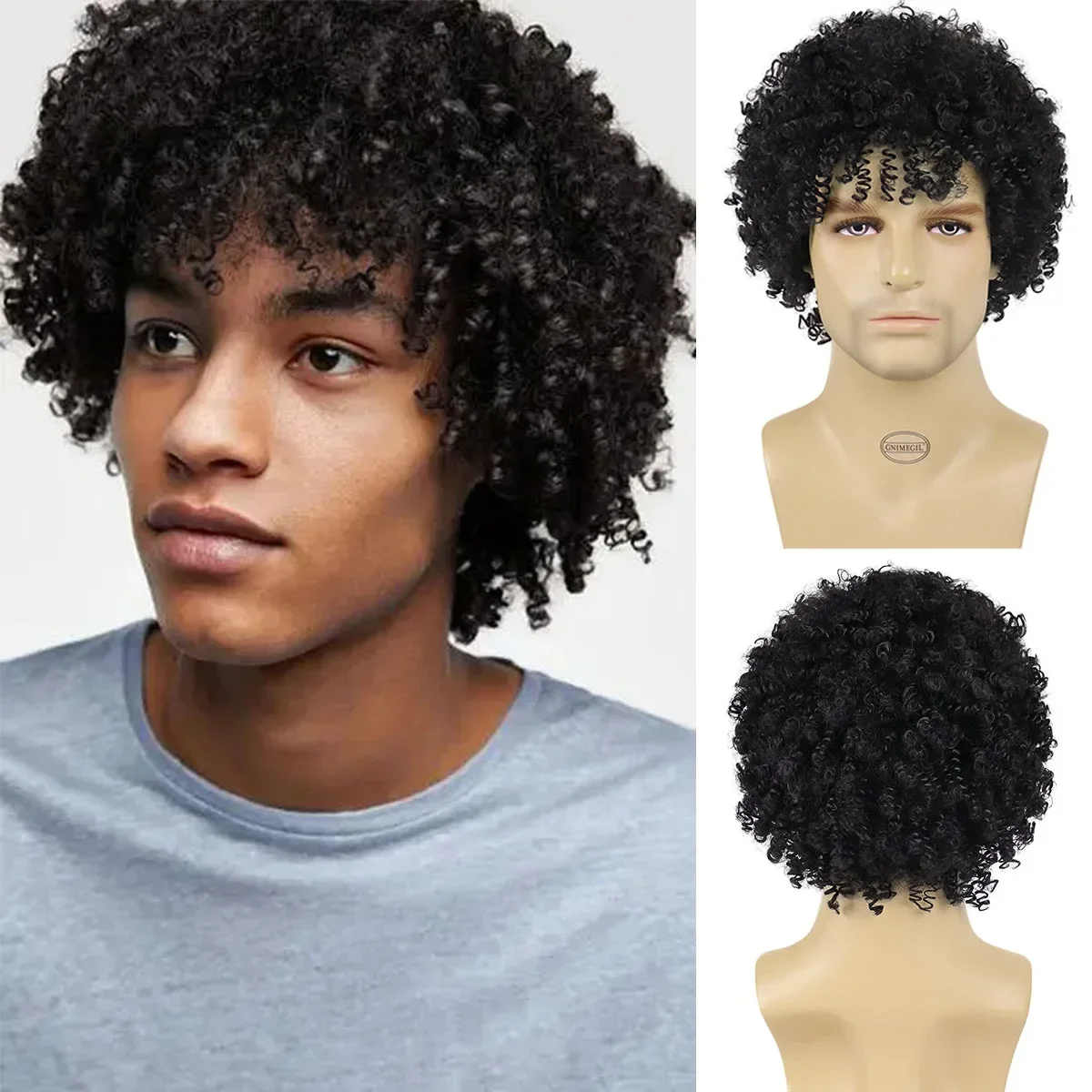 Top Trends: GNIMEGIL Synthetic Short Black Hair Afro Kinky Curly Wig With Bangs Natural Fluffy Wig For Black Men Cosplay High Temperature Shoppable Styles