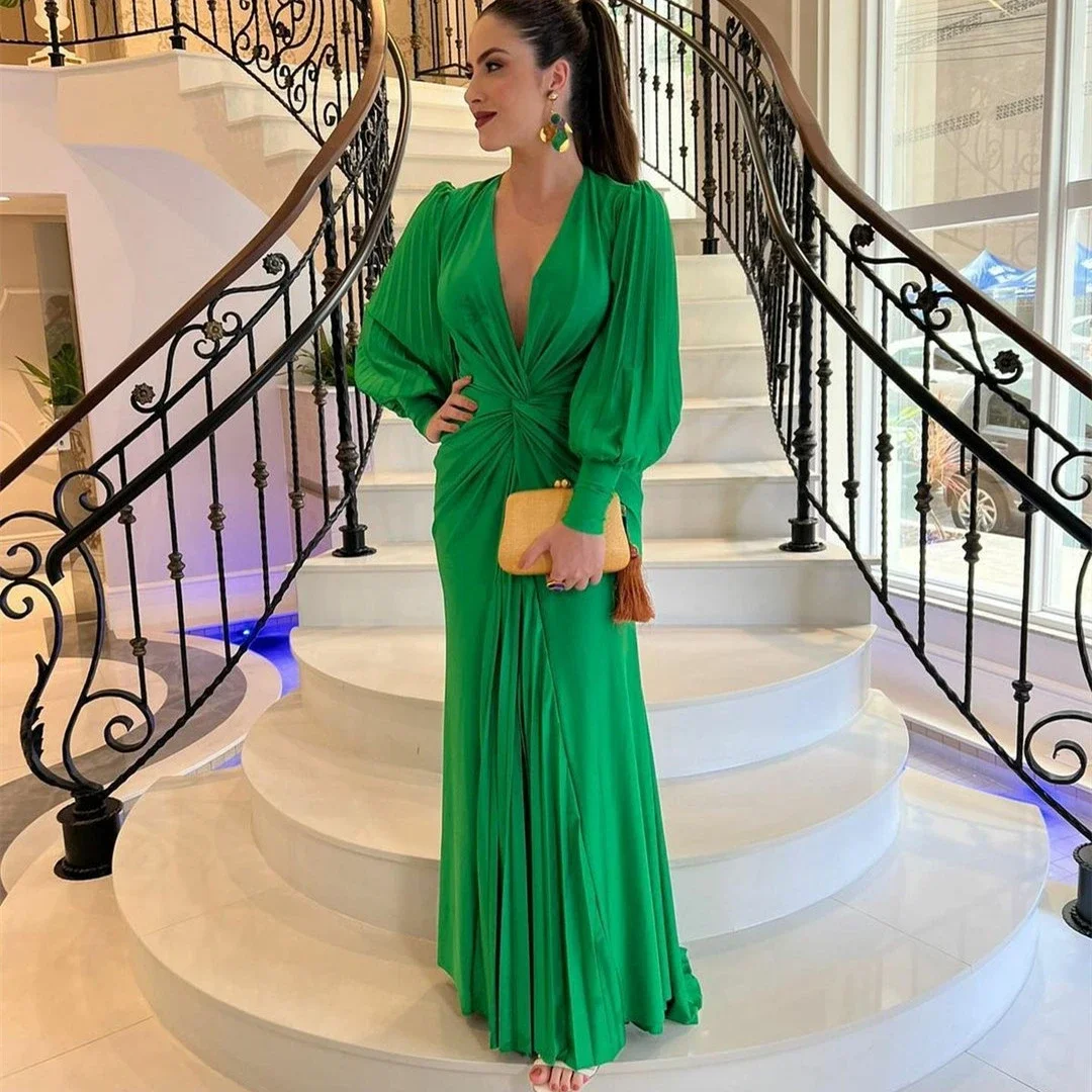 Top Trends: Elegant Green Deep V-Neck Long Sleeve Prom Dress Chiffon Elegant Formal Evening Dresses Party Gowns For Women فساتين السهرة Shoppable Styles