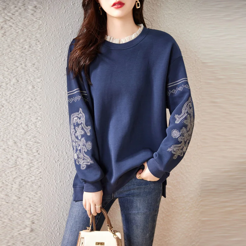 Top Trends: Embroidered Lace Round Neck Sweatshirts For Women's Loose Casual Long Sleeved Top Autumn Winter Fashion Solid Pullovers Shoppable Styles