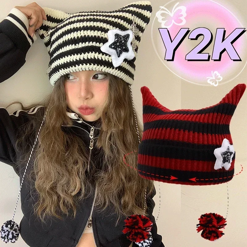 Top Trends: Y2K Beanie Hat Ins Devil Ear Striped Knitted Wool Cap Autumn Winter Pentagram Cute Cat Ears Pointed Pullover Women's Hats Shoppable Styles - Image 2