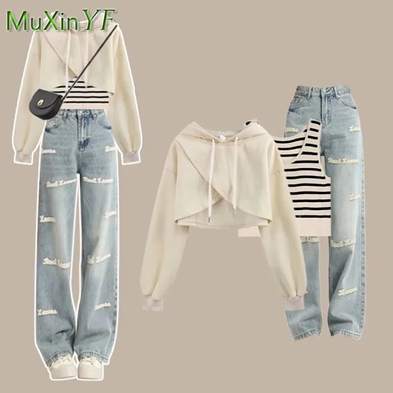 Top Trends: Women's 2023 Autumn New Matching Set Korean Elegant Short Sweater+ Tank Top+ Letter Jeans Three Piece Female Chic Denim Pants Suit Shoppable Styles