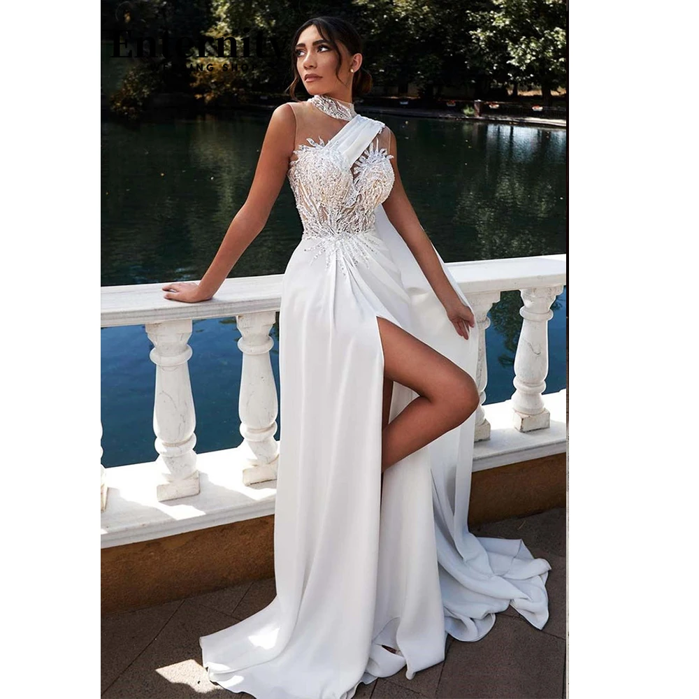 Top Trends: Boho A Line Wedding Dress High Neck Beaded Draped Long Womens Dresses Sleeveless With Slit Wedding Dresses For Woman Vestido Shoppable Styles