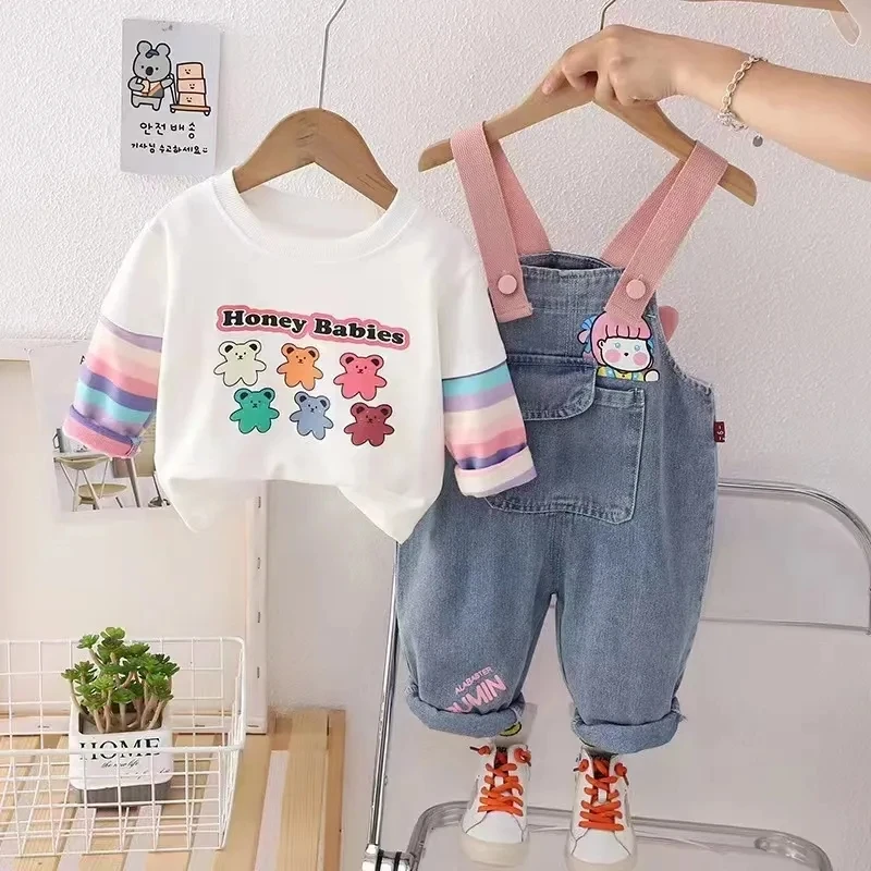 Top Trends: Girls' Autumn Denim Strap Pants Set 2023 New Korean Edition Foreigner Children's Long Sleeve T-shirt Pants Two Piece Set Shoppable Styles