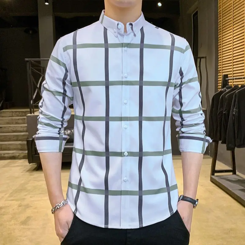 Top Trends: 2023 New Spring And Autumn Korean Edition Trendy And Handsome Polo Collar Plaid Print Casual Loose Oversized Men&#039;s Shirt Shoppable Styles