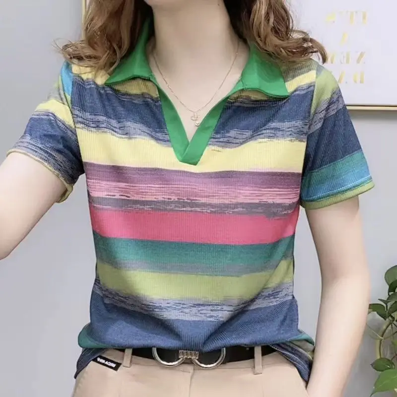 Top Trends: Short Sleeve T-shirt Women's 2023 Summer New Fashion Rainbow Stripe Polo Shirt Comfortable Leisure Pullover Female Clothing Tops Shoppable Styles