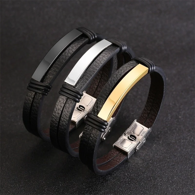 Top Trends: Vnox Mens Black Leather Bracelets Personalized Engraving Customize Info Pulsera Masculina 8.07 Shoppable Styles