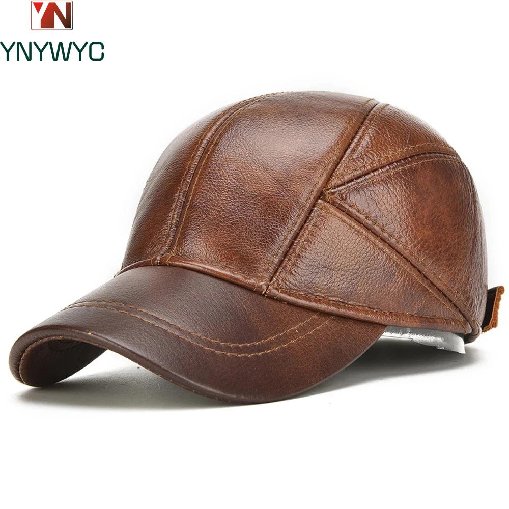 Top Trends: Hot Sale Male Fall Winter Genuine Real Cow Leather Baseball Hats Casual Real Leather Earflap Cap Men Real Cowhide Leather Caps Shoppable Styles