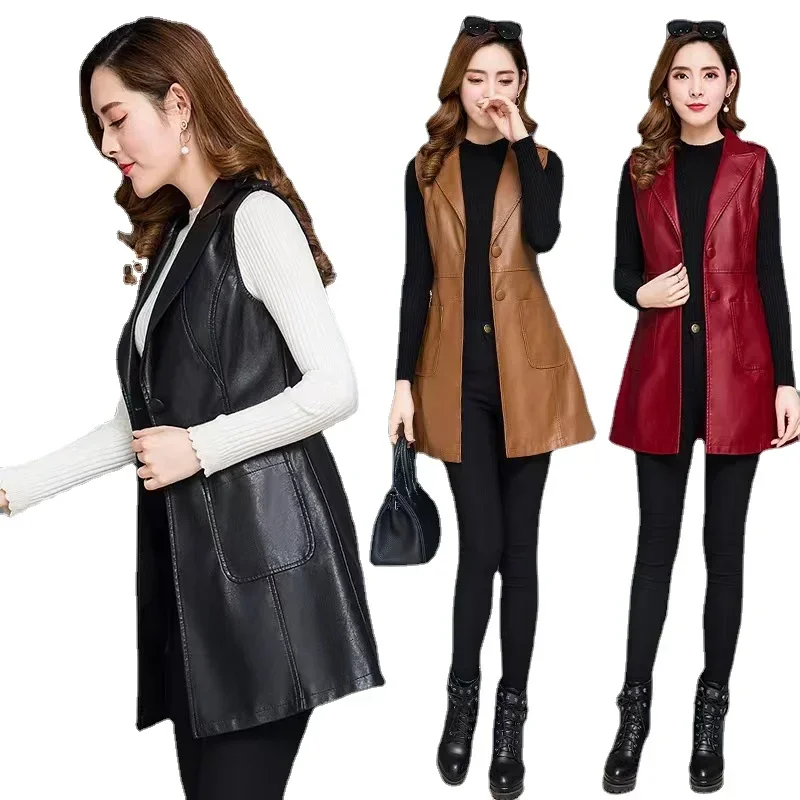 Top Trends: Faux Leather Vest Women's Clothing 2022 PU Autumn Jacket Korean Solid Sleeveless Vest Mid Long Coat Female Waistcoat Outerwear Shoppable Styles