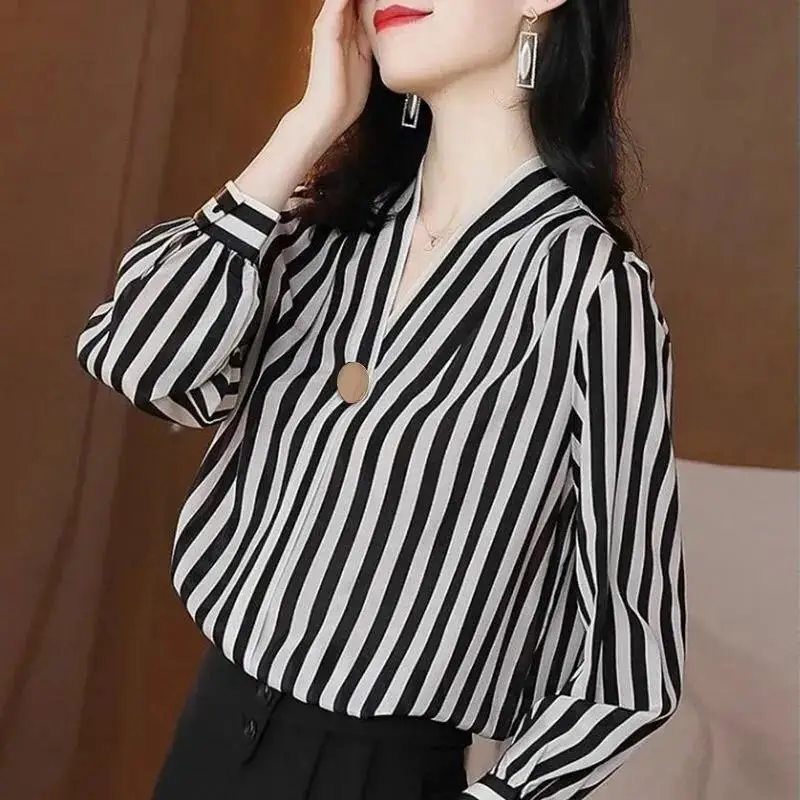 Top Trends: Fashion Printed V-Neck Button Striped Chiffon Shirt Oversized Casual Tops 2022 Autumn New Women's Clothing Office Lady Blouses Shoppable Styles - Image 3