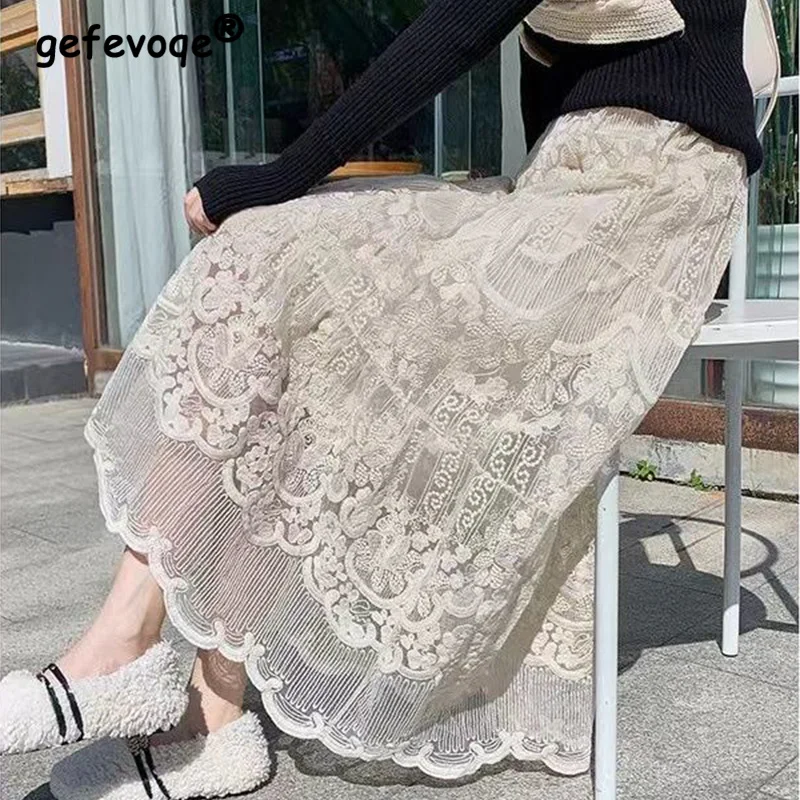 Top Trends: Summer Autumn Solid Color Elegant Fashion Embroidery Skirt Women Hollow Out Aesthetic Sweet Chic Elastic Waist Long Lady Skirt Shoppable Styles