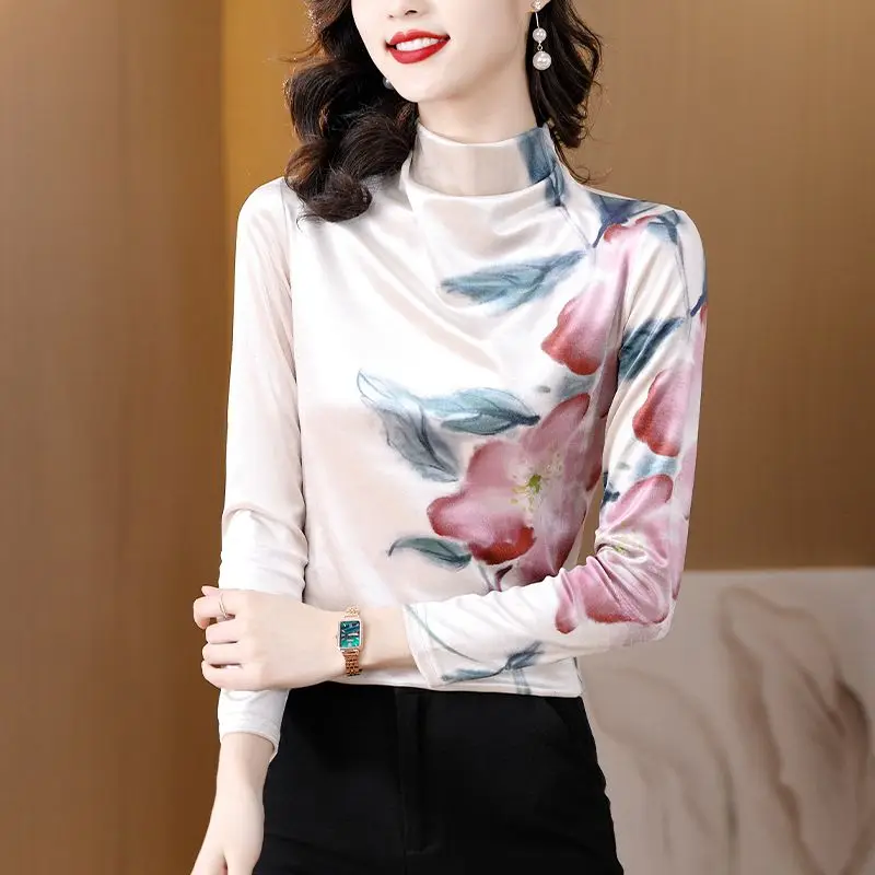 Top Trends: 2023 Autumn And Winter Women&#039;s Velvet Elegant Half High Neck Long Sleeve Printed Comfortable And Casual Versatile Bottom Top Shoppable Styles