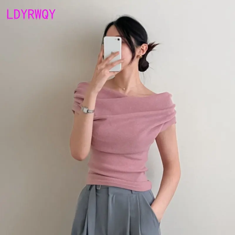 Top Trends: 2023 Summer New Design Feel Oblique Shoulder Versatile Short Sleeve Slim Fit One Line Neck Slim Top T-shirt For Women Shoppable Styles