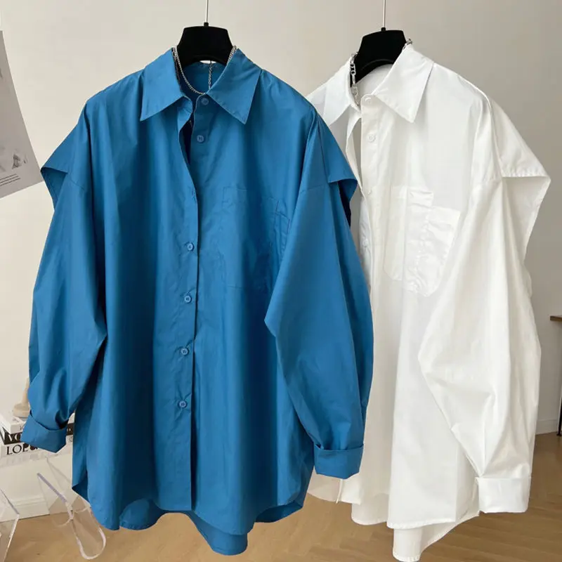 Top Trends: QWEEK Chic Woman Blouses Harajuku Elegant And Youth White Blue Shirts Oversized Fake Two Piece Long Sleeve Top Casual Outerwear Shoppable Styles