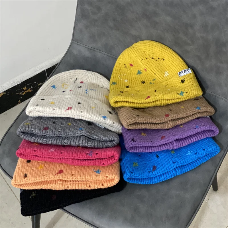 Top Trends: Autumn And Winter Korean Ins Hole Graffiti Knitted Woolen Hats Japanese Warm Pullover Melon Cold Hat Men Gorras Invierno Mujer Shoppable Styles