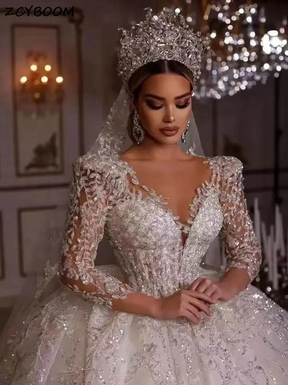 Top Trends: Exquisite Ivory V-Neck Illusion Long Sleeves Ball Gown Wedding Dress 2023 Luxury Sparkly Appliques Bride Gowns Vestidos De Novia Shoppable Styles