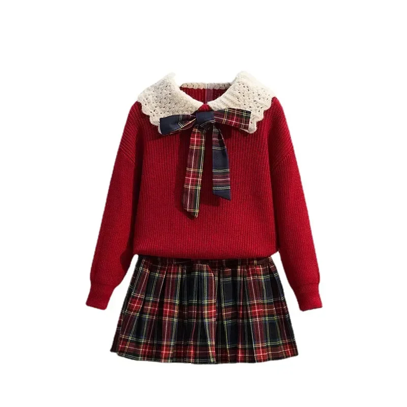 Top Trends: Teenage Girls JK Suit Clothing Winter Children Knitted Lapel Sweater Plaid Pleated Skirt Autumn School Clothes Trend Shoppable Styles - Image 5