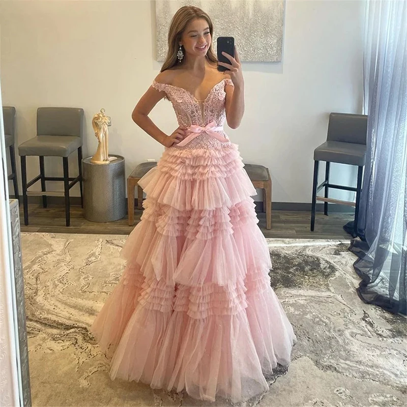 Top Trends: Tiered Ruffle Skirt Cinderella In Pink Off The Shoulder Lace Corset Evening Party Dress Tulle Ball Gown Prom Dresses Shoppable Styles - Image 4