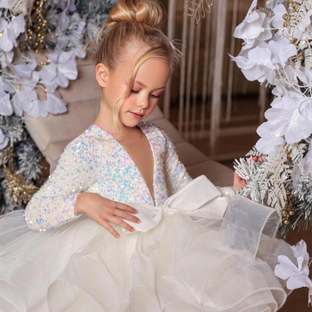 Top Trends: Cute V Neck Christmas Gown For Princess 2023 Summer Robes New Tutu Sequined Flower Girl Dresses Full Sleeve فساتين اطفال للعيد Shoppable Styles