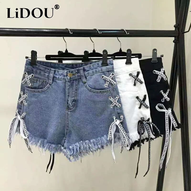 Top Trends: 2023 Summer New Oversized Street Style Lace Up Trend Fashion All-match Short Jeans Lady High Waist Wide Leg Casual Denim Shorts Shoppable Styles