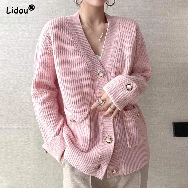 Top Trends: 2023 New Autumn And Winter Minimalist Lazy V-neck Loose Casual Oversized Solid Color Versatile Women's Knitted Sweater Cardigan Shoppable Styles