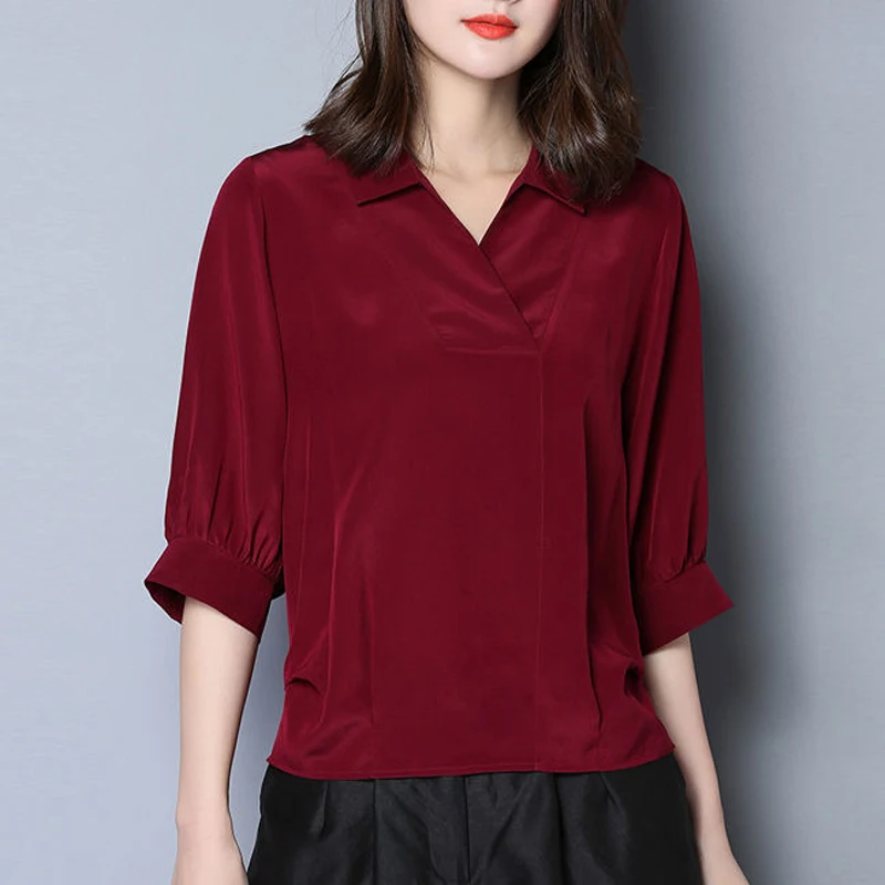 Top Trends: Women Silk Satin Simple Elegant Blouses Summer Korean Fashion V Neck Half Sleeve Casual Shirts Solid Loose Pullover Ladies Tops Shoppable Styles - Image 6