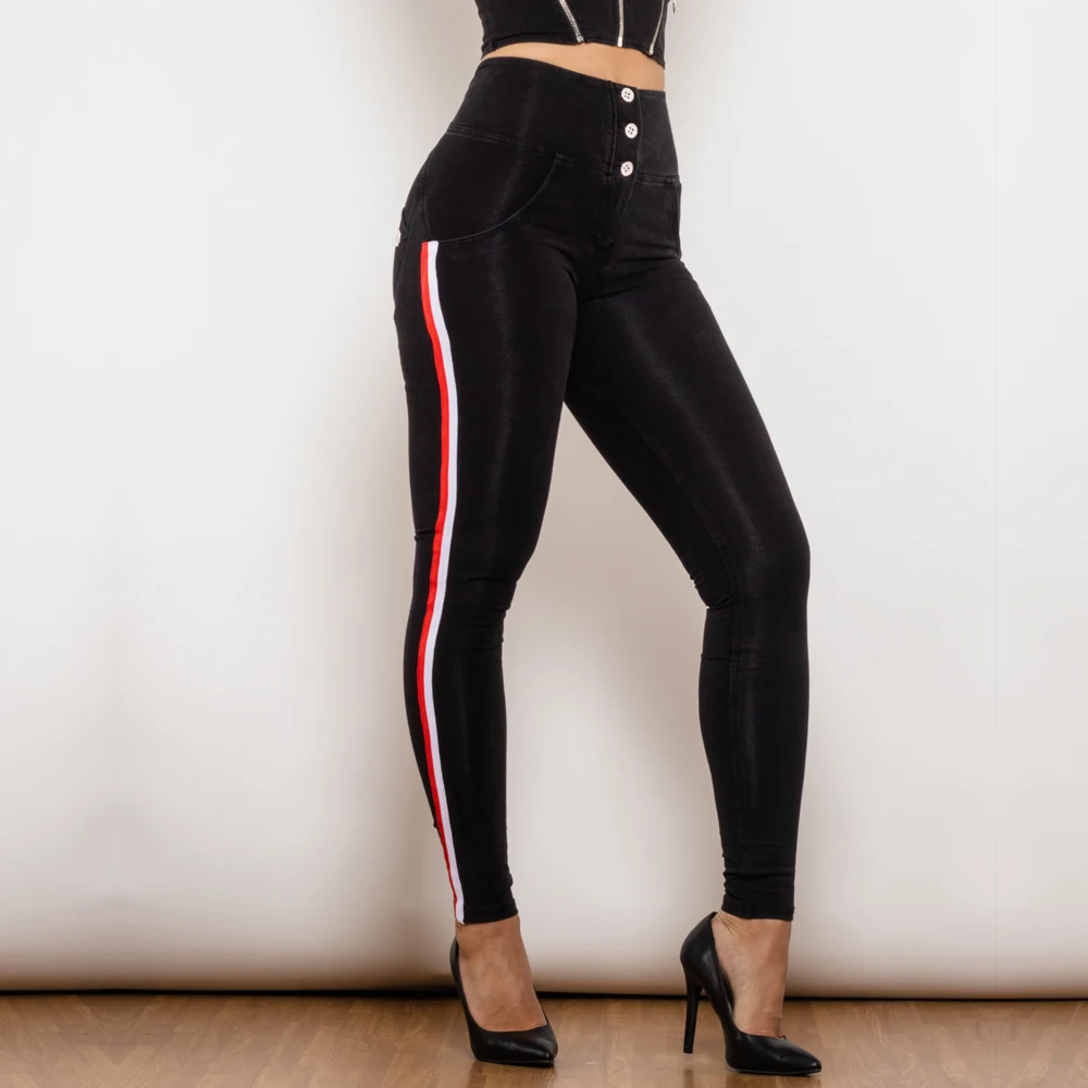 Top Trends: Shascullfites Melody Side Stripe High Waist Black Jeans Fashion Stretch Denim Slim Fit Bum Lift Pencil Pants Jeggings Shoppable Styles