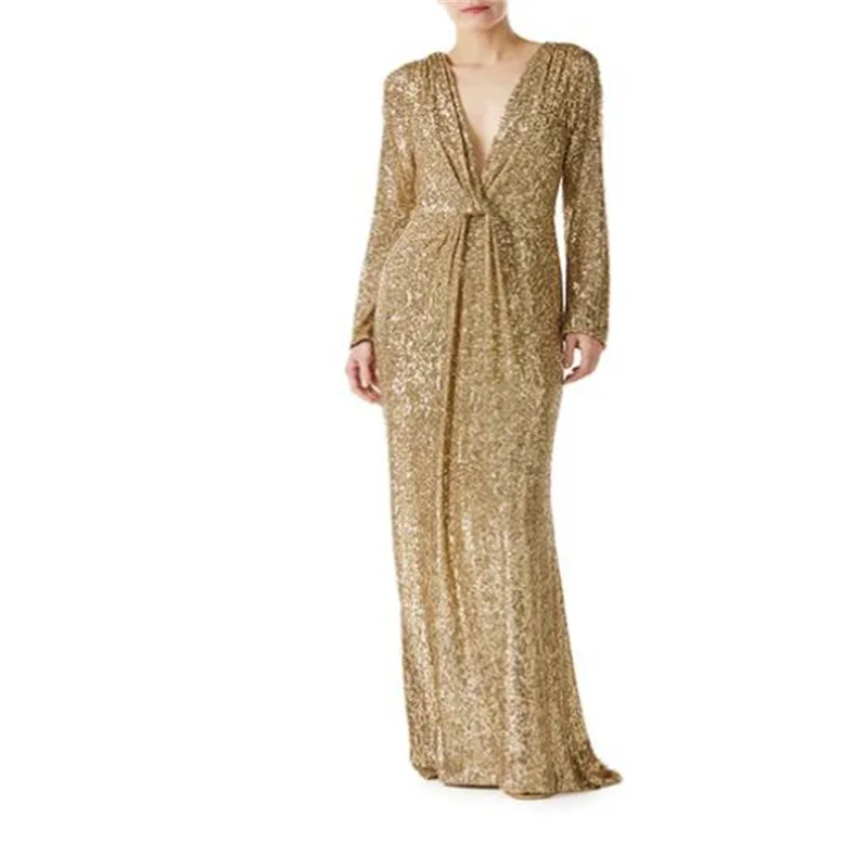 Top Trends: MULONG Dark V Neck Golden Groom Mother Dress Sequin Long Sleeve Empire Simple Luxury Weddings Party Dress Latest Fashion Shoppable Styles