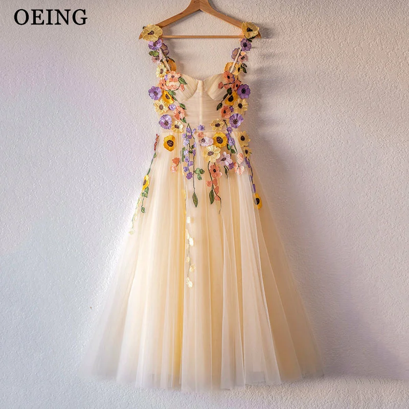 Top Trends: OEING Light Yellow A-Line Prom Dresses 3D Flower Tulle Tea Length Fairy Evening Dress Special Occasion Gown Vestidos De Gala Shoppable Styles