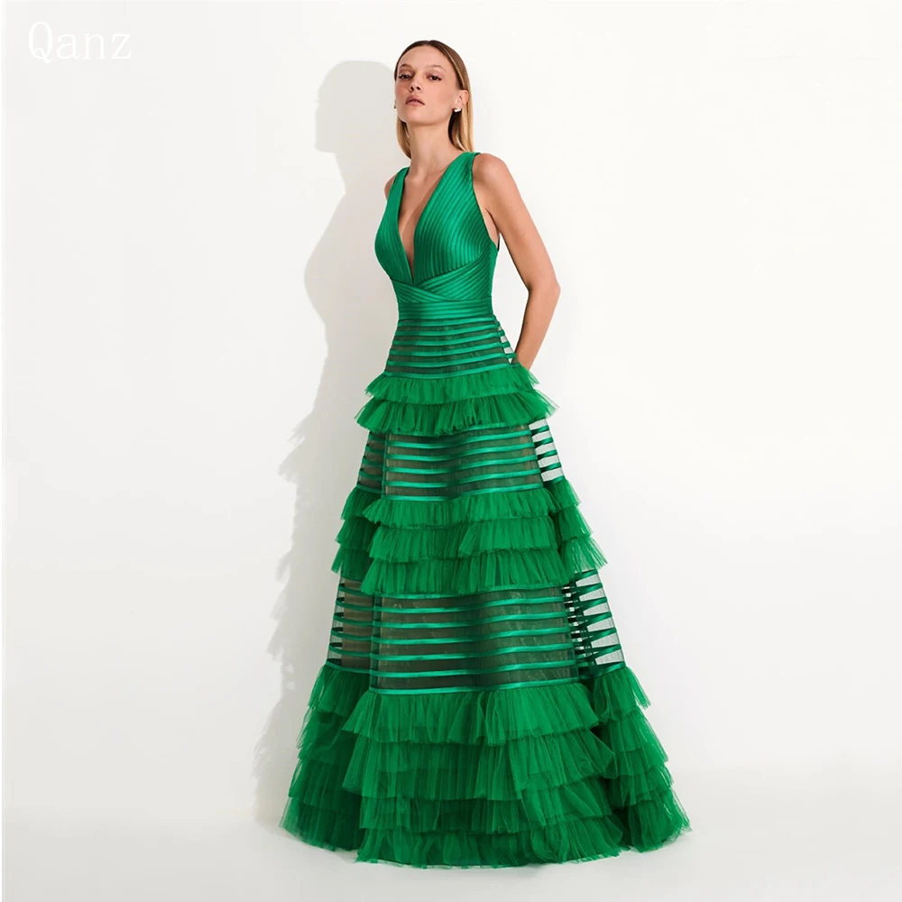 Top Trends: Qanz Tulle Green Prom Dresses Long A Line V Neck Backless Tiered Ruffles Party Dresses Vestidos De Fiesta Elegantes Para Mujer Shoppable Styles