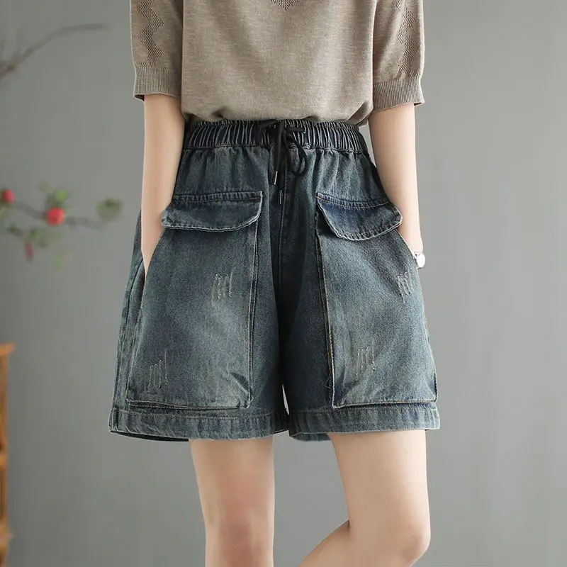 Top Trends: Summer Women Vintage Cargo Denim Shorts Streetwear Fashion All-match Jeans New Solid Elastic Wait Baggy Casual Wide Leg Pants Shoppable Styles