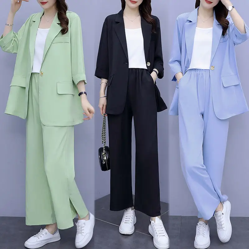 Top Trends: Women's 2024 Spring New Casual Thin Suit Jacket Matching Set Korean Elegant Loose Blazers Pants Two Piece Female Chic Clothing Shoppable Styles