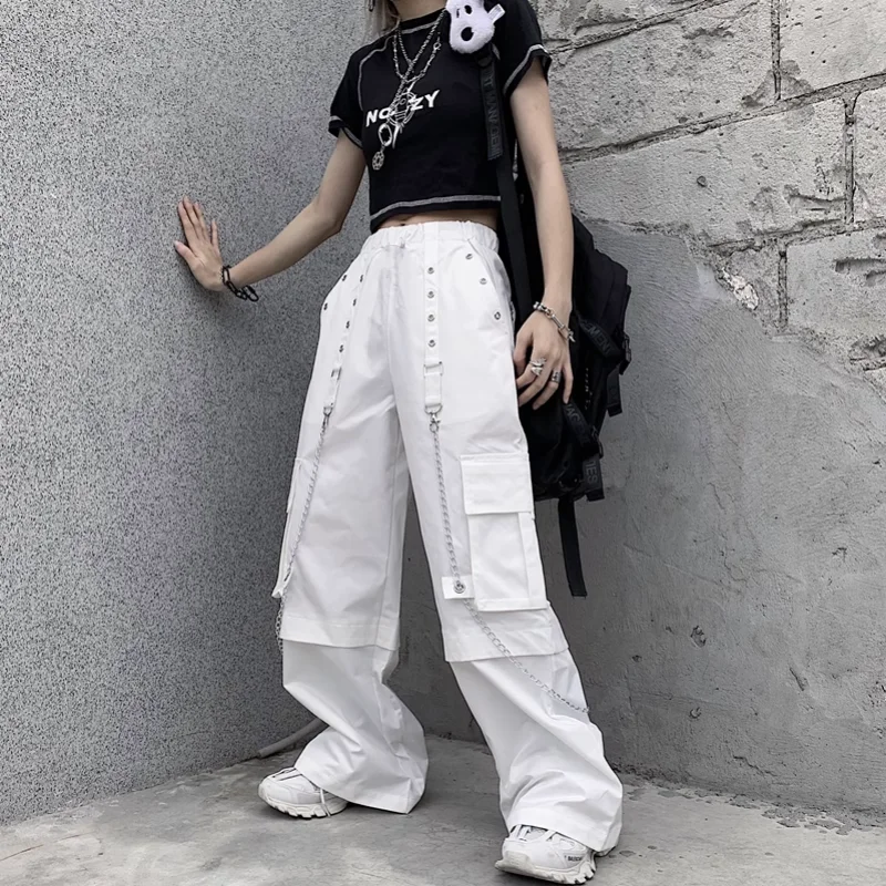 Top Trends: White Cargo Pants Woman Oversized Hippie Streetwear Pocket The Chain Elastic High Waist Trousers Baggy Korean Style Fashion Shoppable Styles - Image 4